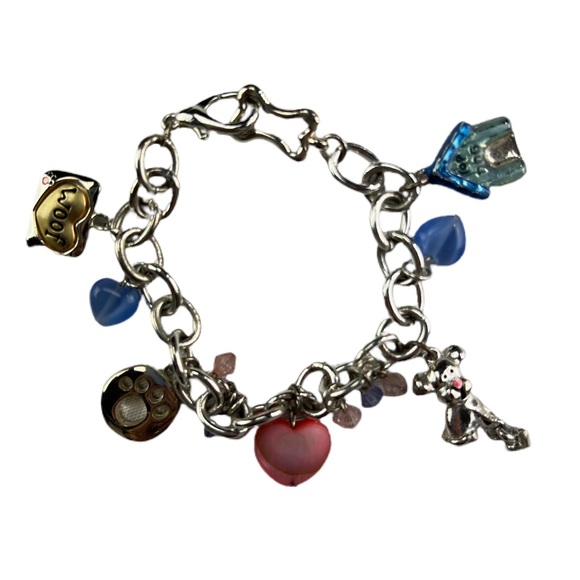 Jewelry - Unisex Pet Dog Silver Charm Bracelet  Woof Bone Pink & Blue Charms